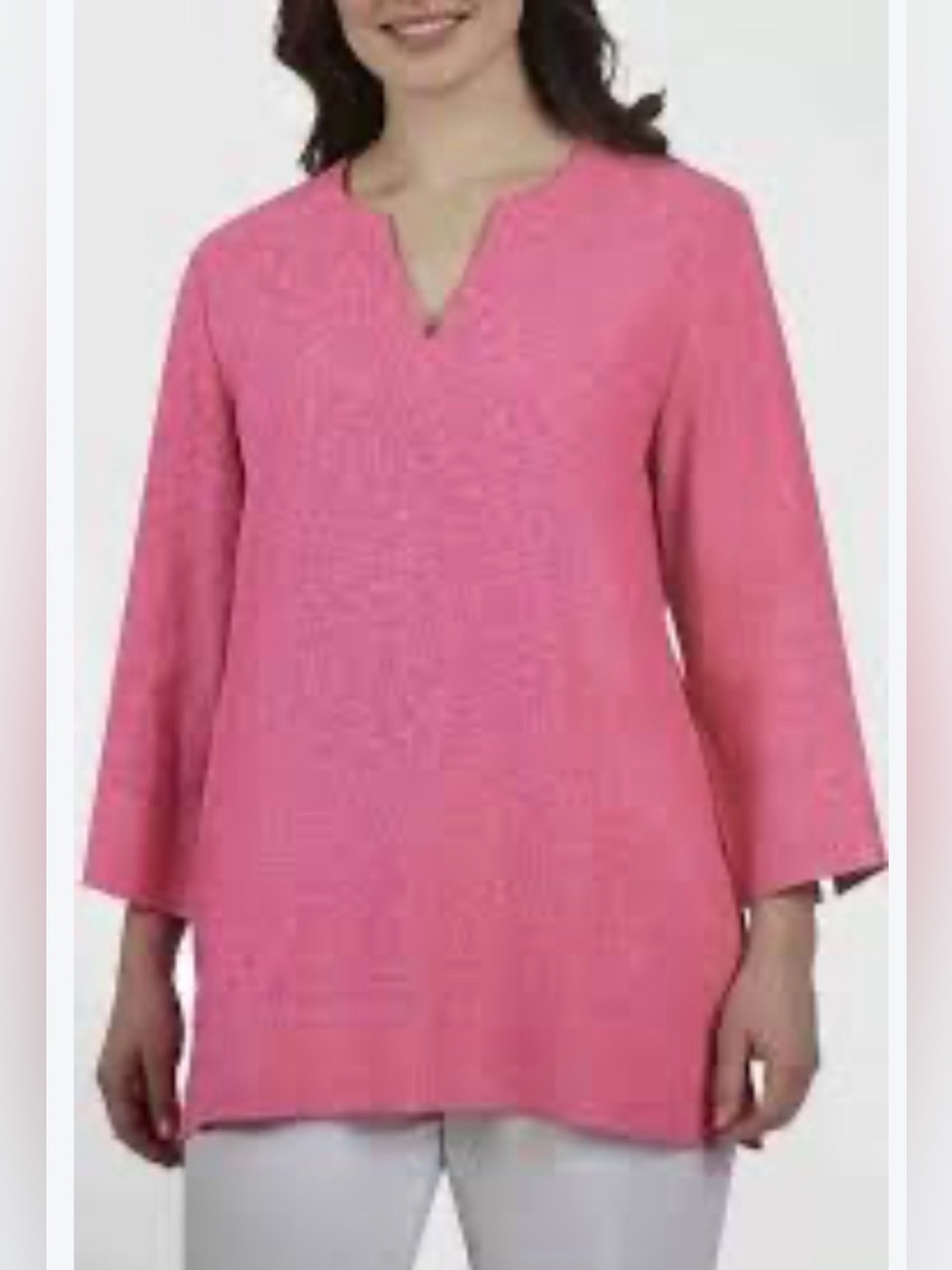 Lands' End women’s linen blend V neck tunic top pink pockets 3/4 sleeves S